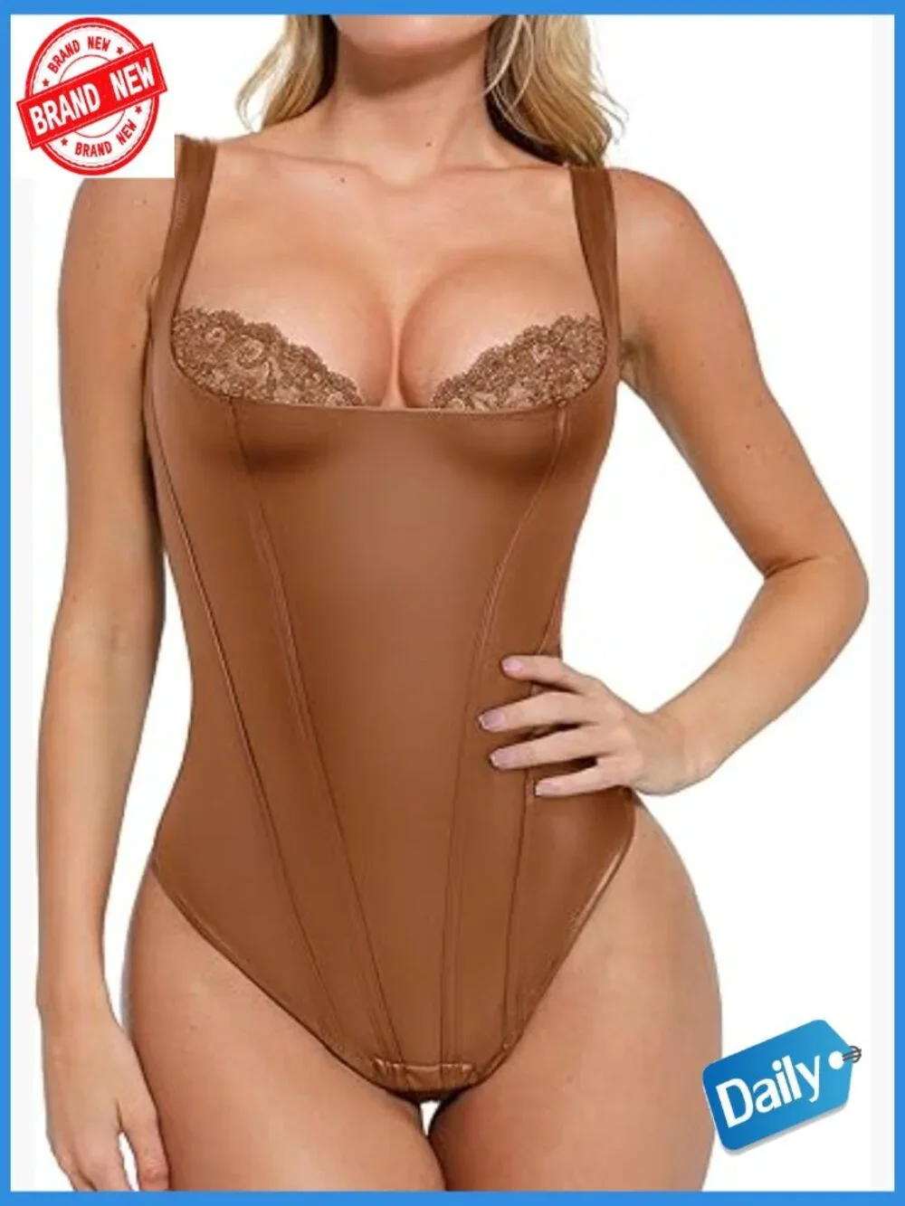 Faux Leather Shapewear Bodysuit Lace Tummy Control Corset Top Thong Body Shaper